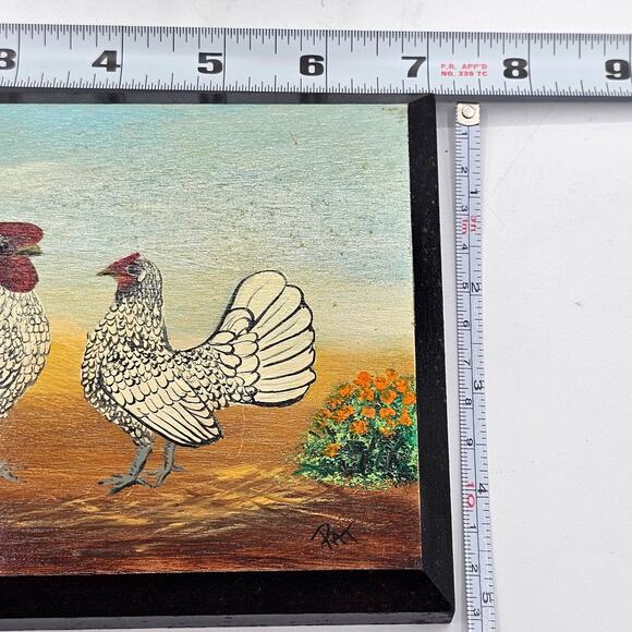 Hand-Painted White Rooster & Chicken Farmhouse Wall Art - 5x7 Wood Artist Signed - Picture 5 of 5
